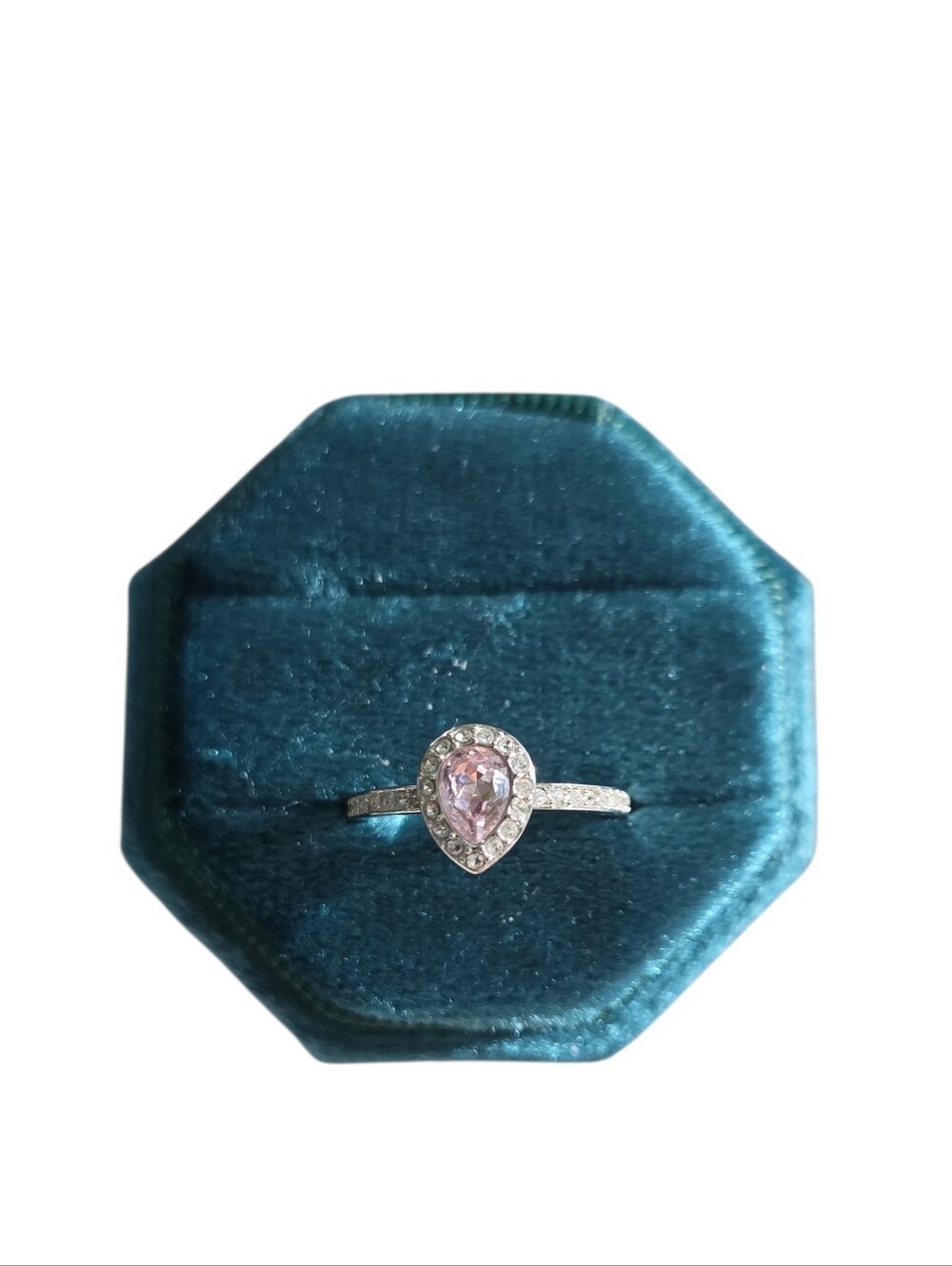 Size 5 Silver Toned Pear-Shaped Pink Halo Ring